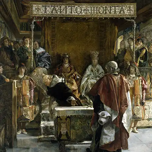 Oil painting by Emilio Sala y Francés (1889) depicting the Grand Inquisitor friar Tomás de Torquemada in 1492 offering to the Catholic Monarchs the Edict of expulsion of the Jews from Spain for their signature.