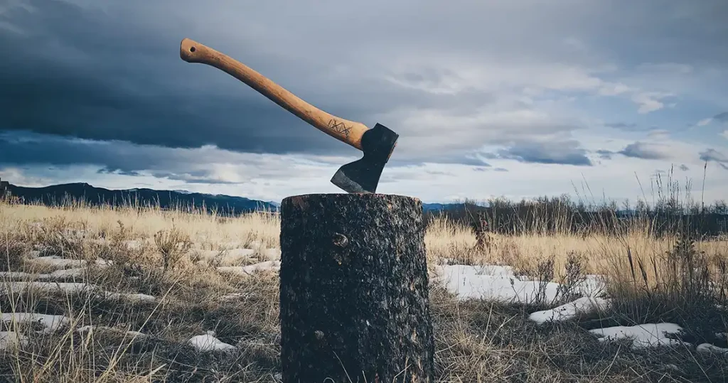 An axe stuck in a tree stump in a grey, barren landscape